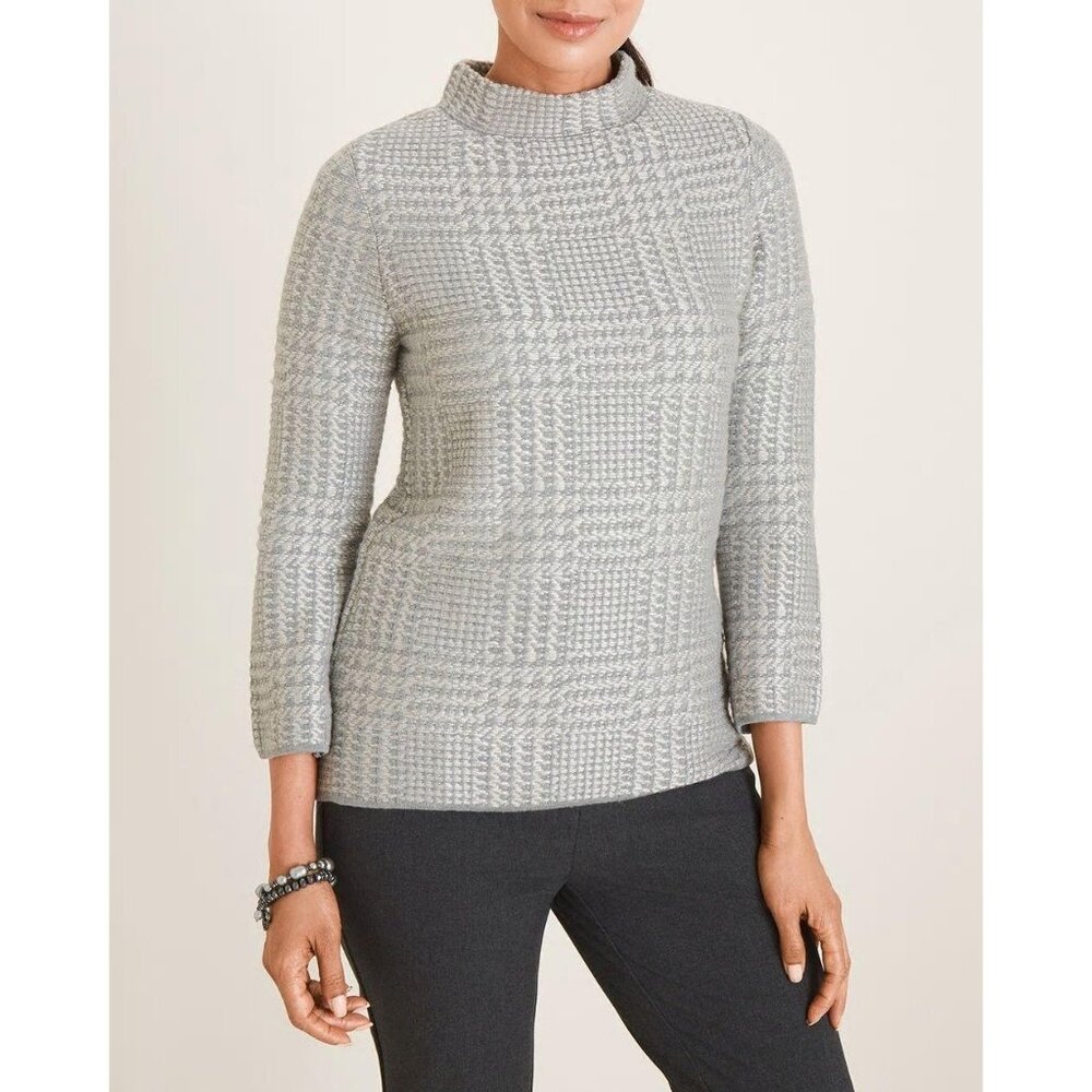 Chicos Sweater Women Medium Gray Zip Back Metallic Plaid Pullover‎ Cozy Academia